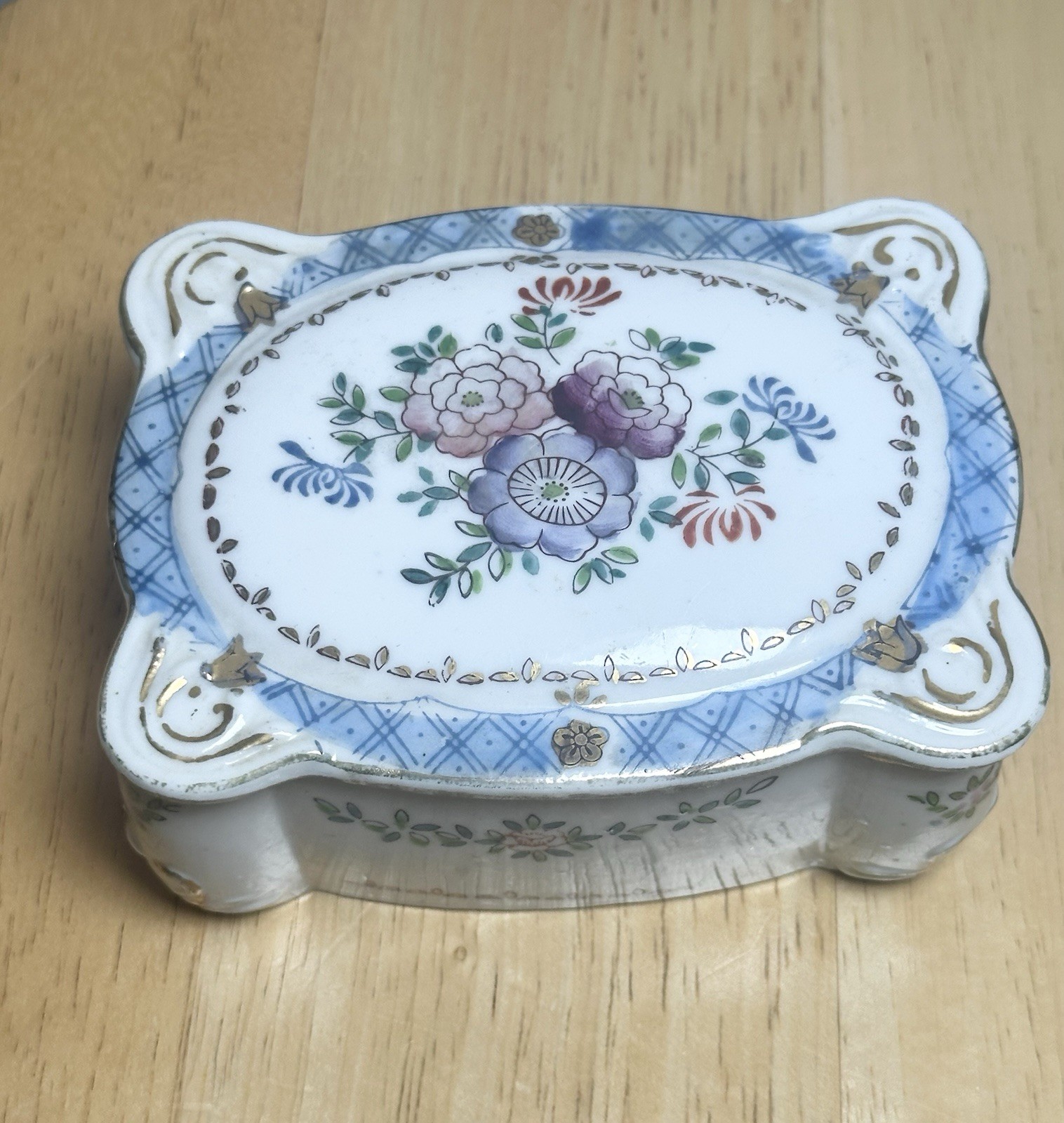 VTG Occupied Japan Hand Painted Porcelain Trinket Jewelry Box Floral Blue Gold