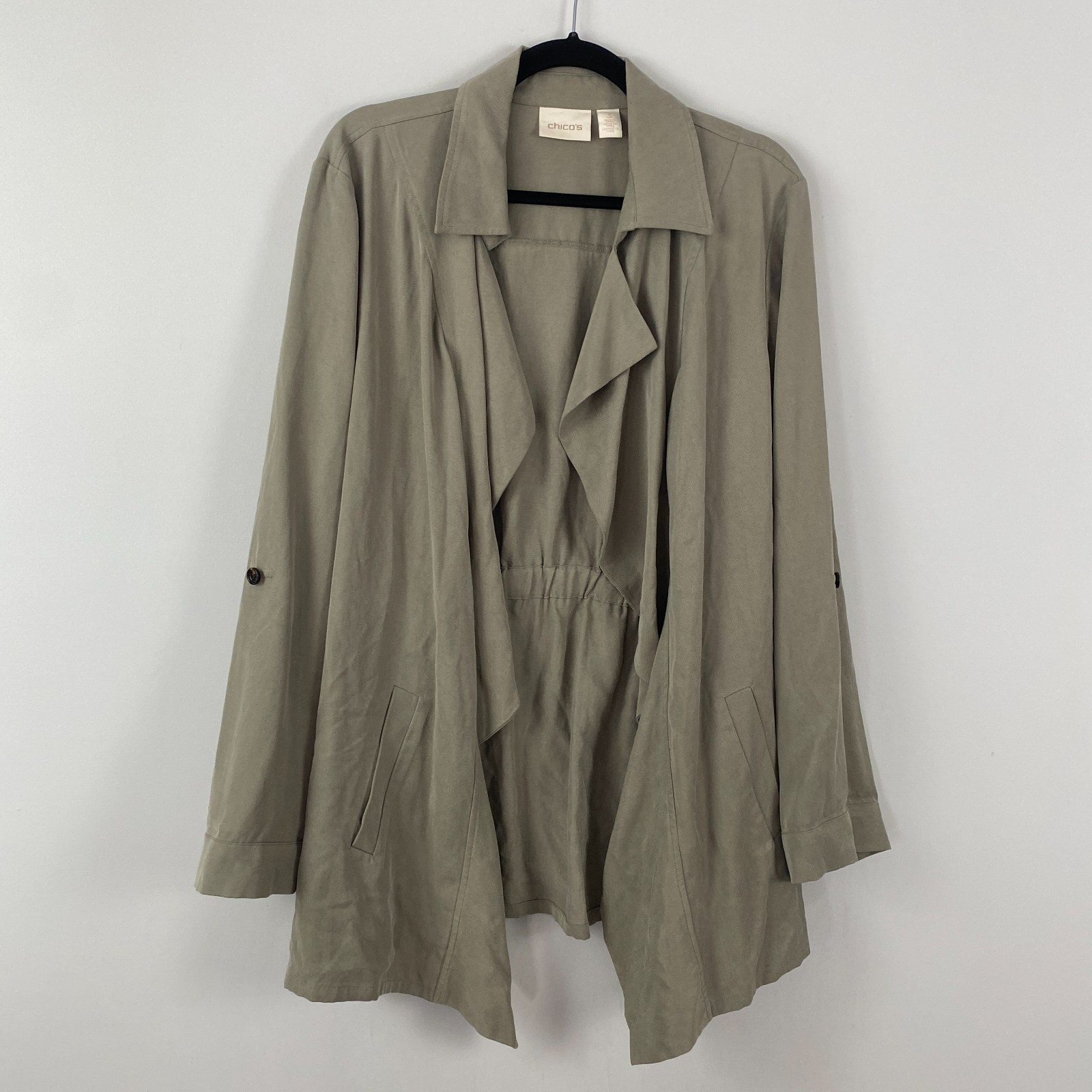 Chicos Green Open Front Roll Tab Long Sleeve Jacket Size 3 US XL Drape