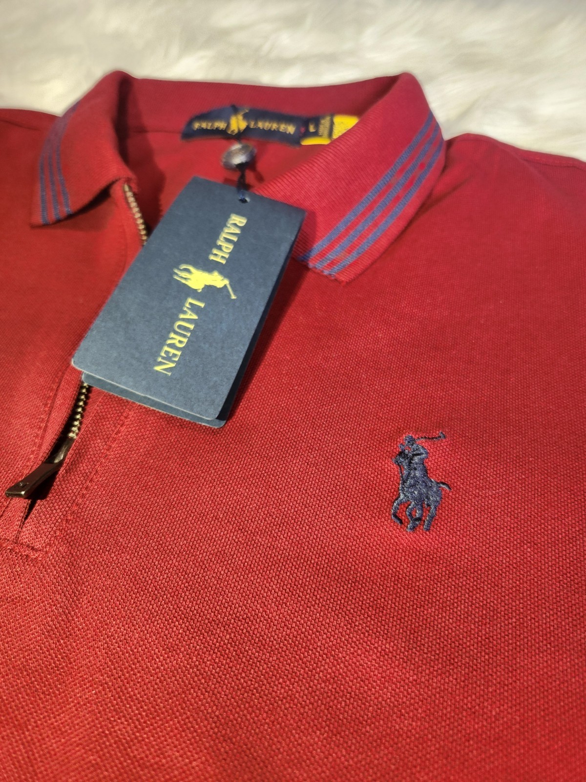Ralph Lauren Men\'s Stretch Cotton Zip Polo Shirt Burgundy Regular Fit Size M