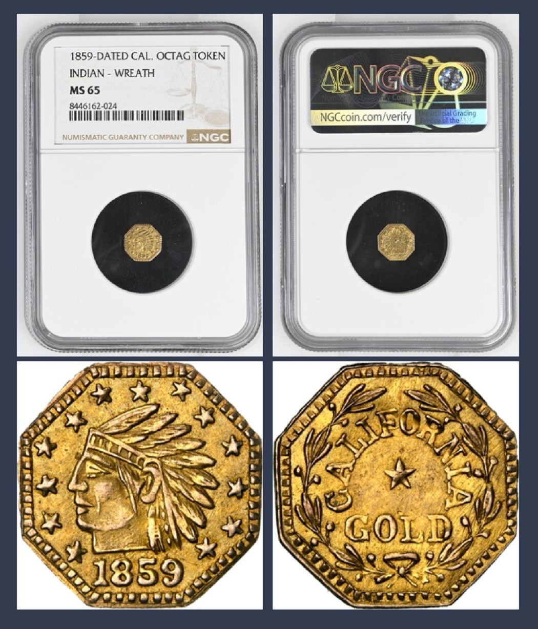 GEM 1859 1/4 California Gold, Oct, Indian Hd / MS65 NGC / American Old West GEM 1859 1/4 California Gold, Oct, Indian Hd / MS65 NGC / American Old West