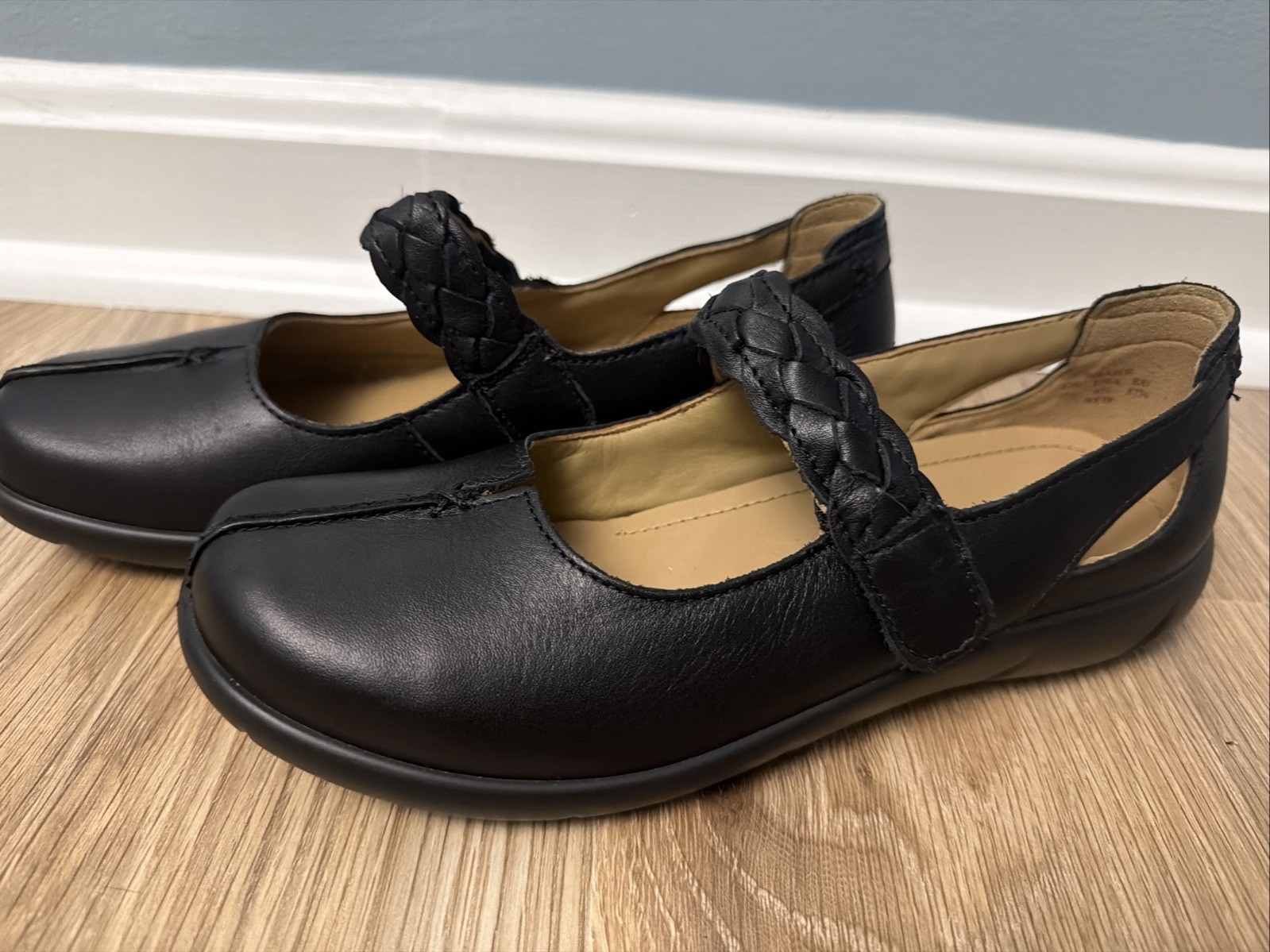 NEW HOTTER Shake Black Leather Mary Jane Flat Ortho Comfort Shoes sz 6.5 England NEW HOTTER Shake Black Leather Mary Jane Flat Ortho Comfort Shoes sz 6.5 England