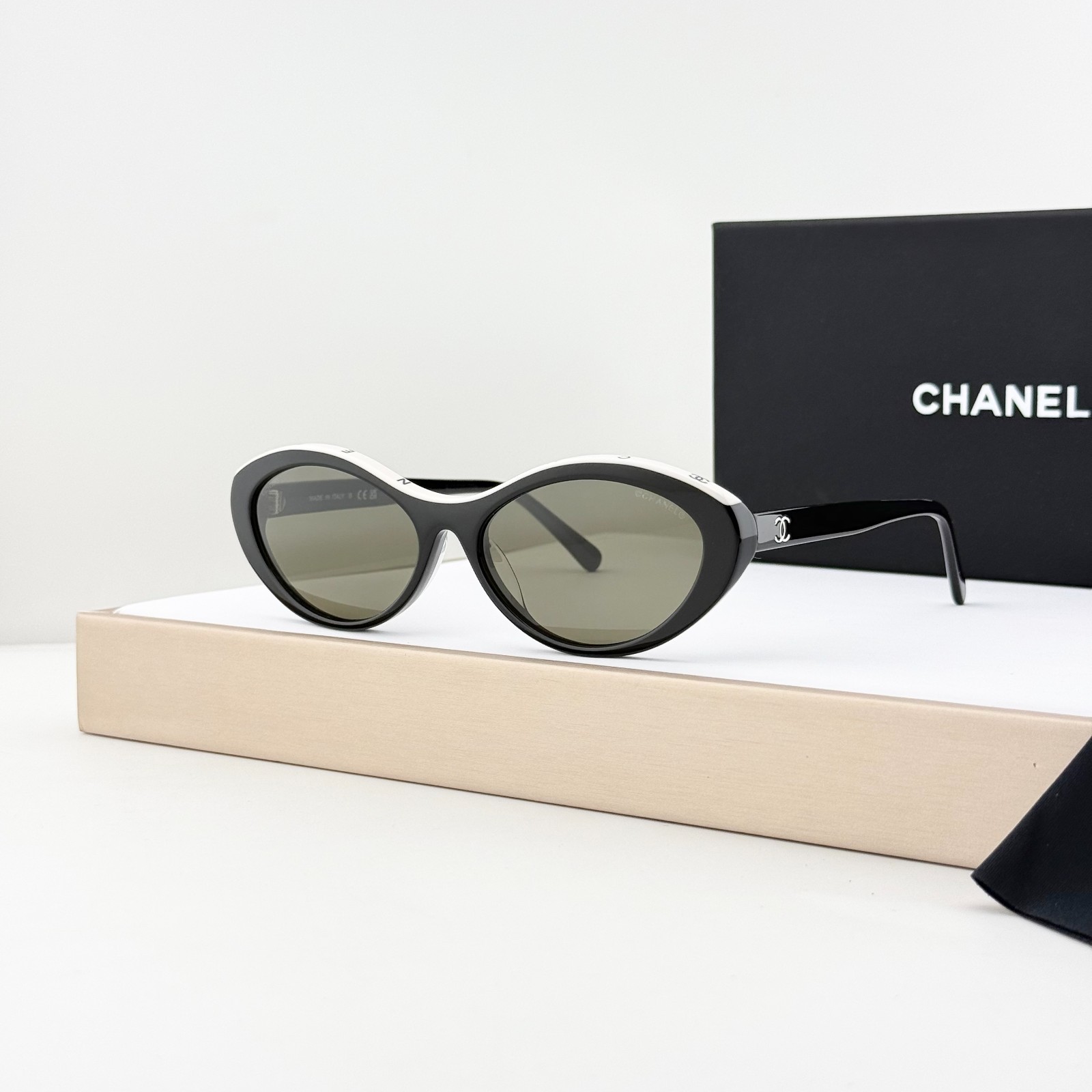 Chanel CH5416 Oval Sunglasses Black White Frame Gray Lens CC Logo 57-17-140
