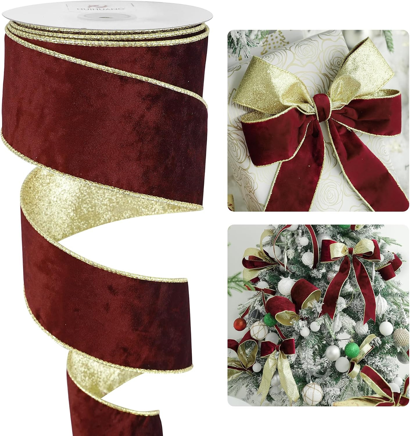 Rust Red Velvet Wired Ribbon 2.5 Inch Dark Red Velvet Ribbon with Gold