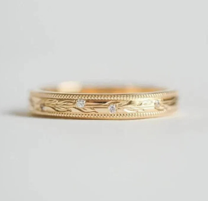 14k Gold Hand Engraved Floral Moissanite Wedding Band, Vintage Milgrain Ring
