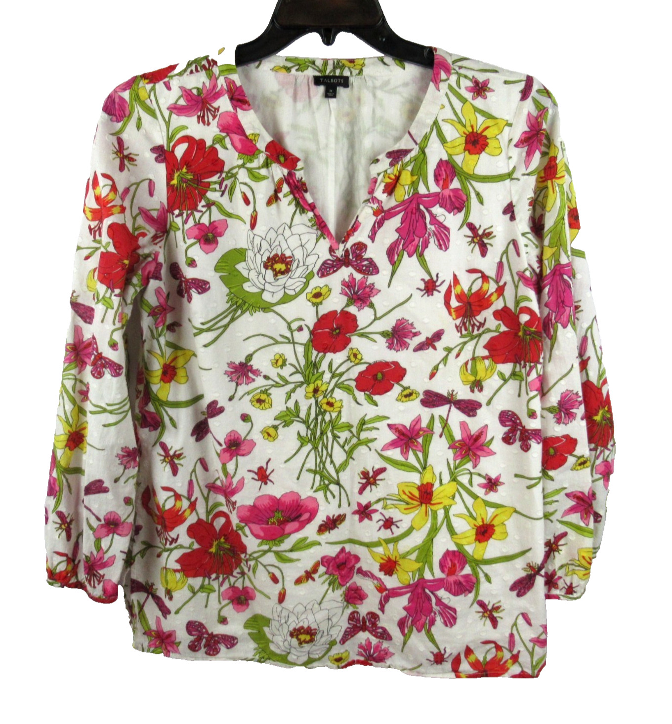 TALBOTS Womens M Floral Print Peasant Blouse Top Boho Lightweight V- Neck