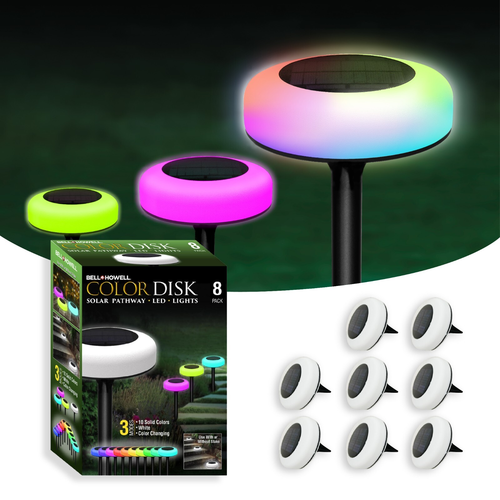 Bell + Howell Color Changing LED Solar Powered Disk Lights - 8 Pack Bell + Howell Color Changing LED Solar Powered Disk Lights - 8 Pack