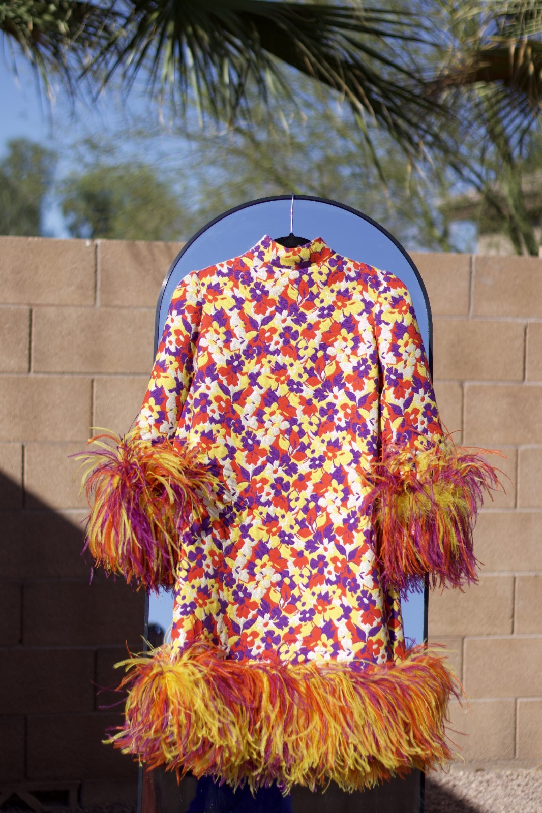 1960s Geoffrey Beene Psychedelic Floral Dress w/Feather Trim 1960s Geoffrey Beene Psychedelic Floral Dress w/Feather Trim