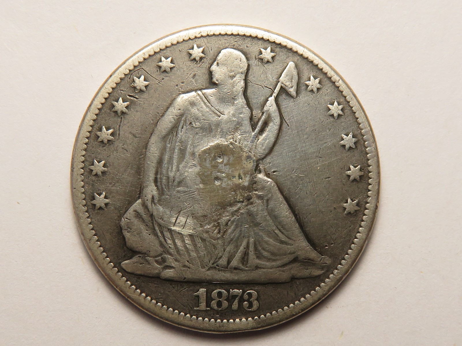 1873-CC No Arrows Liberty Seated Half, VG, Obverse Damage