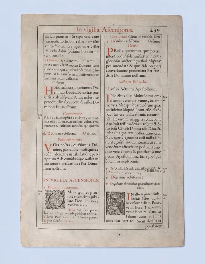 Woodcuts Latin Roman Missal Leaf 1680 Vigil Ascension Angel Red Rubricated 17thC