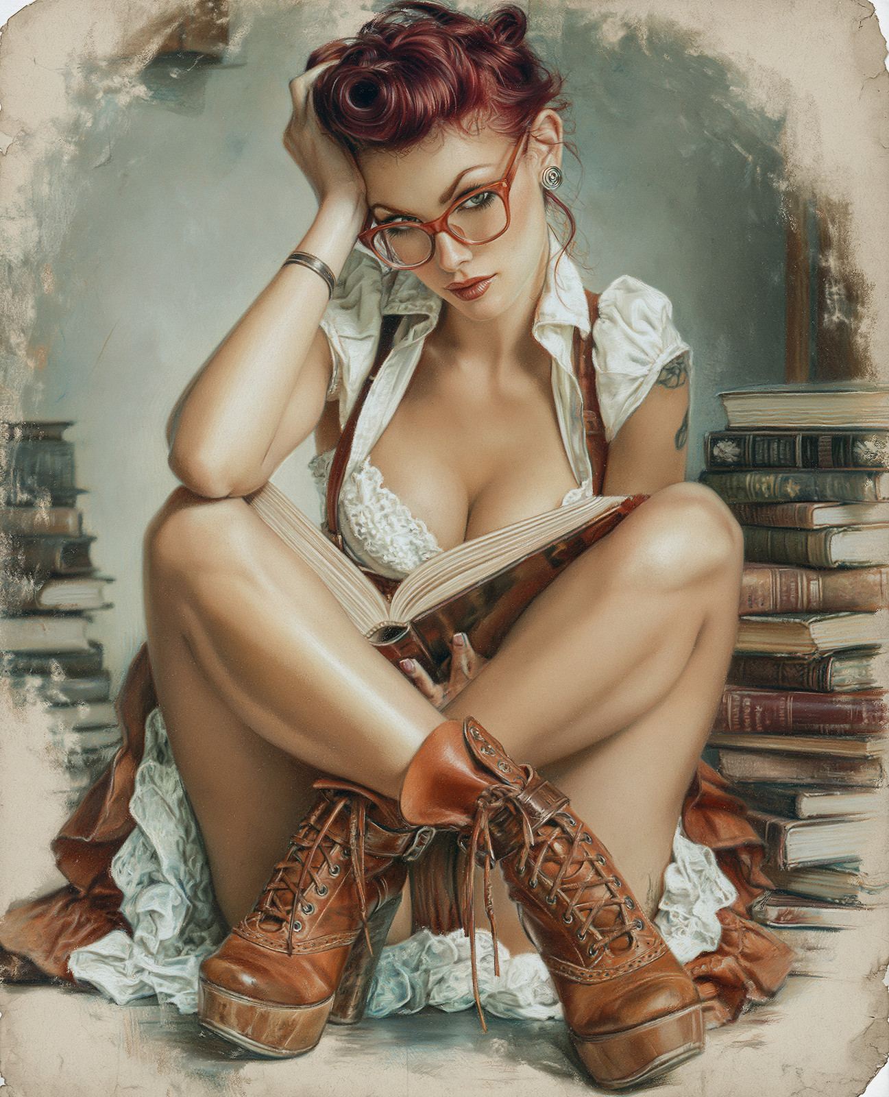 Red-Haired Bookworm in a White Dress and Glasses Among Stacks Print - 833427754