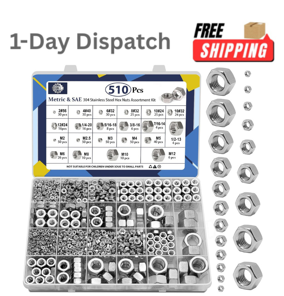 ZQZ 510 Pcs SAE & Metric Stainless Steel Hex Nut Assortment Kit Hardware Set