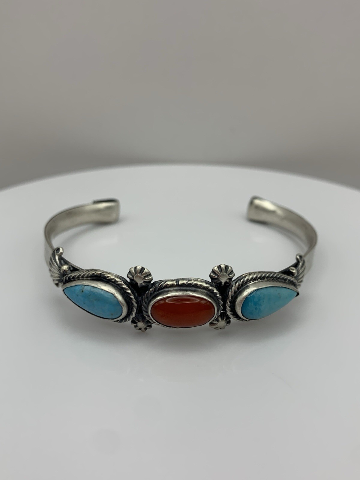 Navajo Turquoise And Coral Sterling Silver Cuff Bracelet size 6.5” signed HBY Navajo Turquoise And Coral Sterling Silver Cuff Bracelet size 6.5” signed HBY