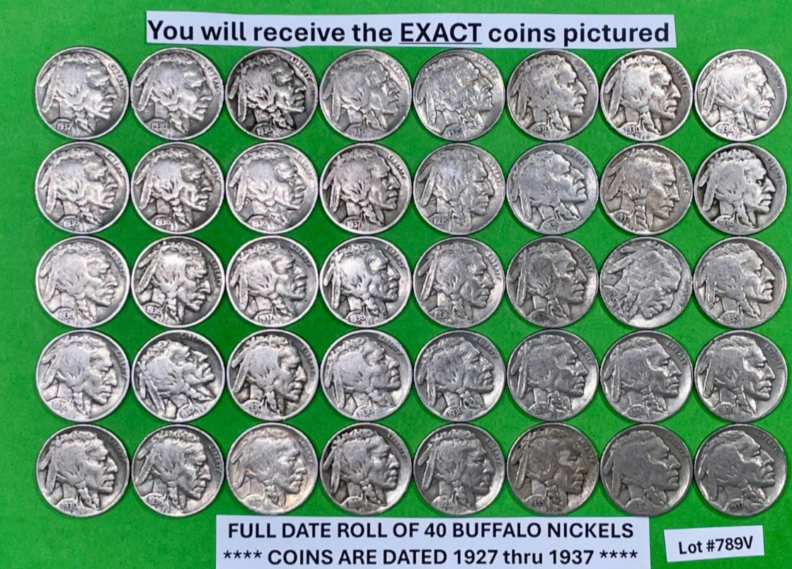 Buffalo Nickels Roll Lot of 40 FULL DATE Coins Dated 1927-1937 NICE ROLL #789V