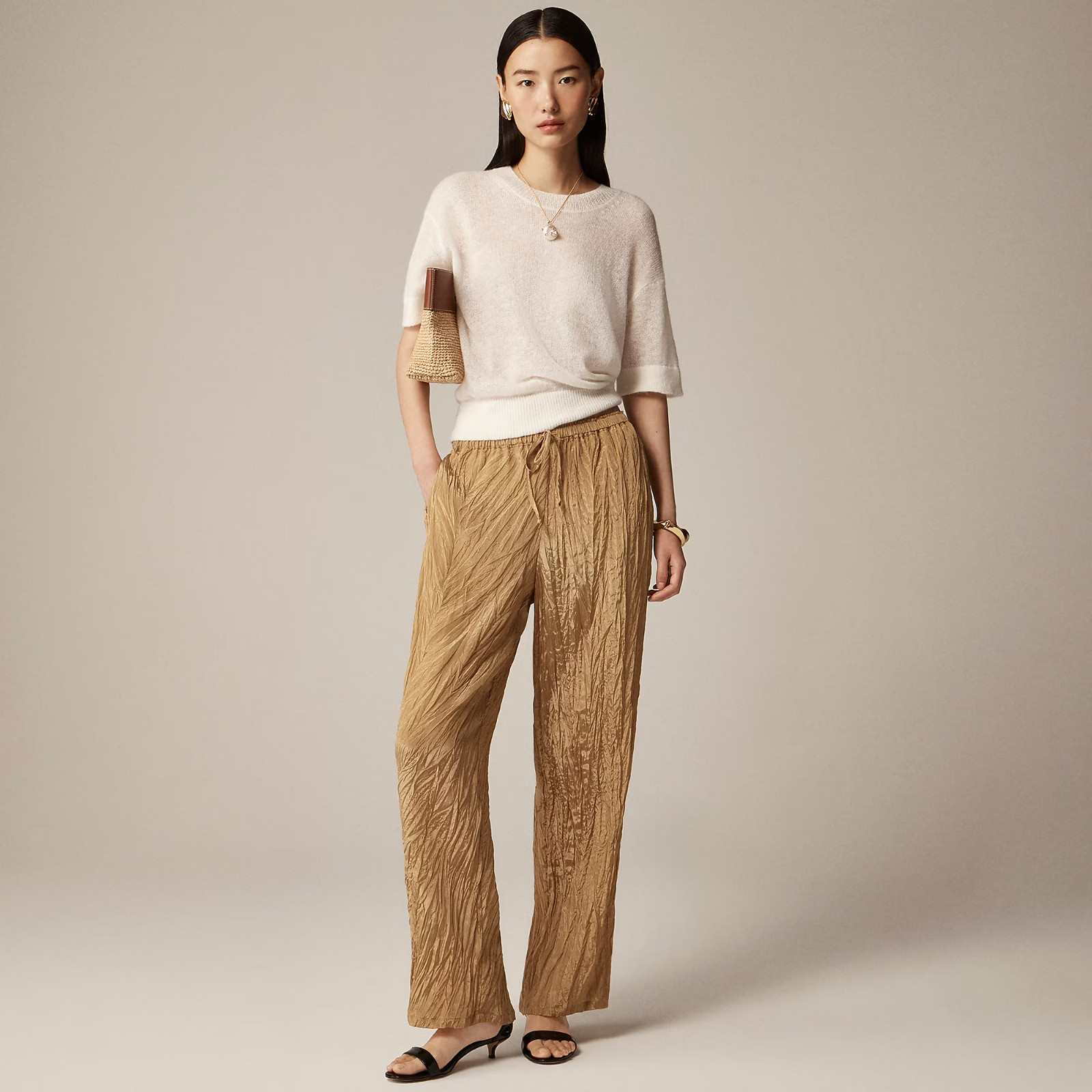 J.CREW NWT $148 New Soleil Pants Crinkled Viscose Blend Honey Brown Size Small