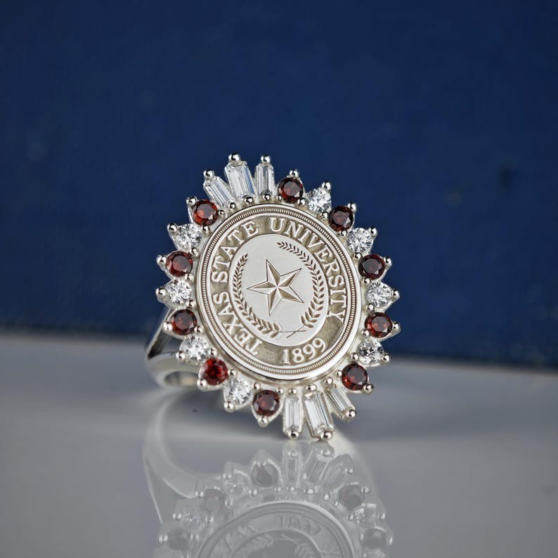 Custom Personalized Texas State University Ring 1899 Silver Garnet Diamonds