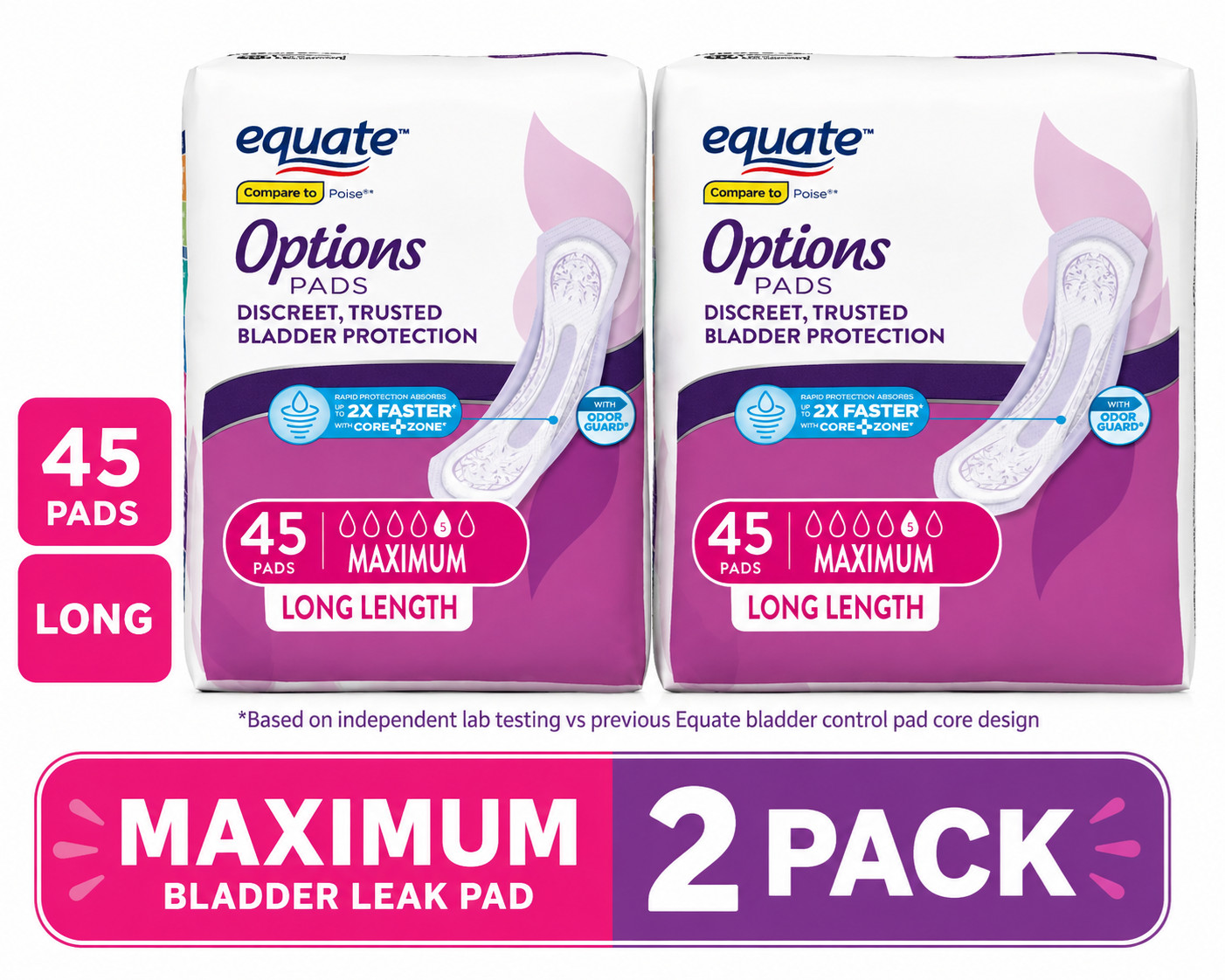 2x Equate Options Women’s Incontinence Pads Maximum Absorbency Long 45 Ct Each