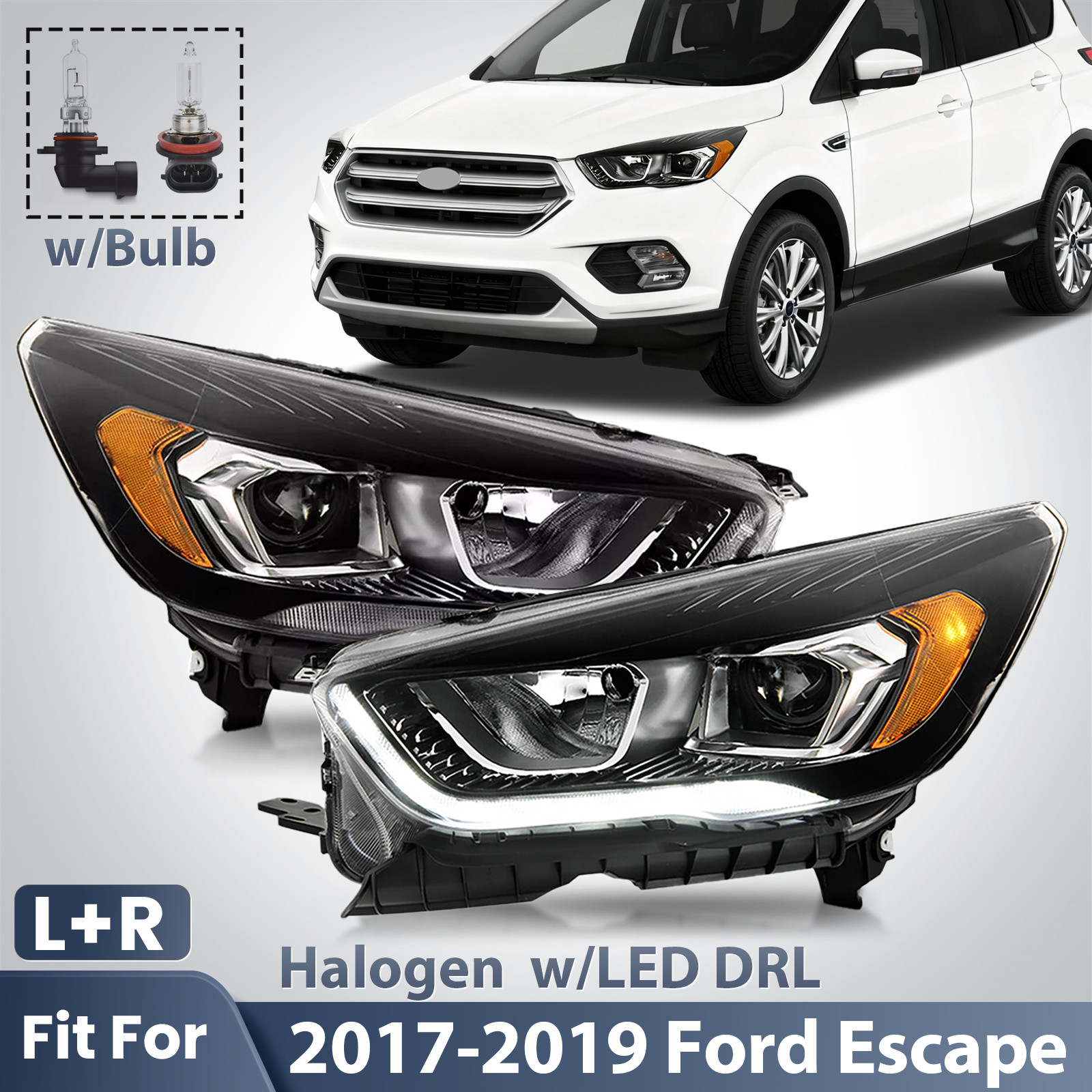 Halogen Headlight For 2017-2019 Ford Escape Black w/LED DRL w/Bulb Left+Right Halogen Headlight For 2017-2019 Ford Escape Black w/LED DRL w/Bulb Left+Right