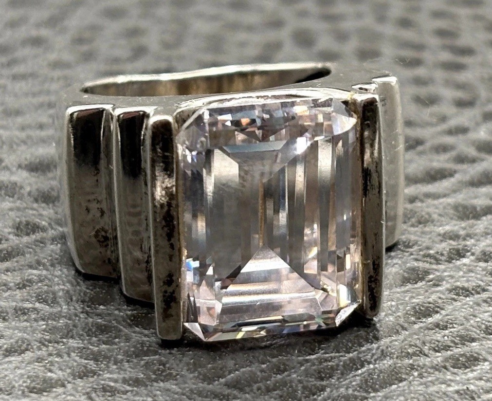 Estate Sterling Silver Emerald Cut CZ Statement Ring Wide Band Chunky Size 6.5
