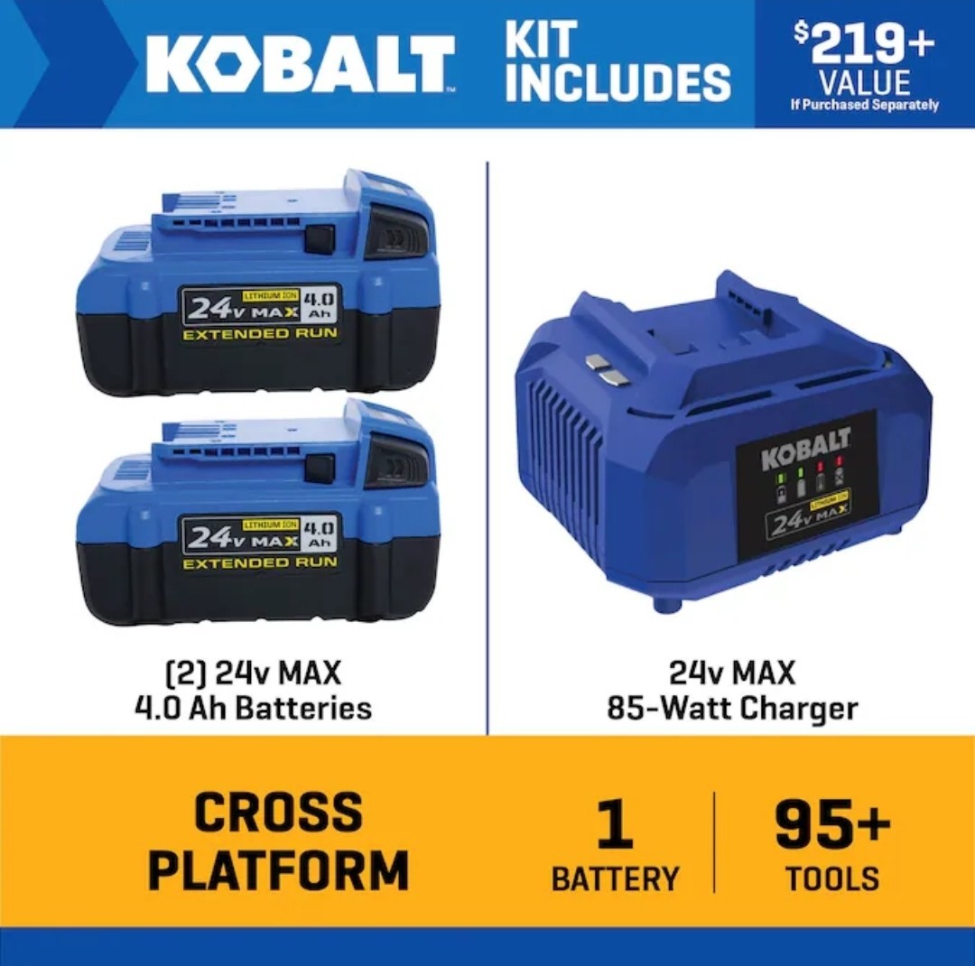 Kobalt 24V MAX 4.0Ah Li-Ion 2 Battery + Charger Combo Kit Kobalt 24V MAX 4.0Ah Li-Ion 2 Battery + Charger Combo Kit