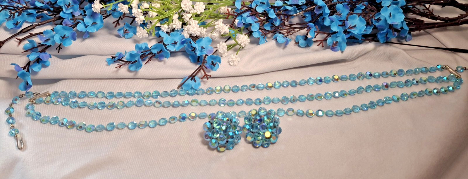 Vintage Vogue Blue AB Crystal 3 Strand Necklace Signed Clip Earrings Set