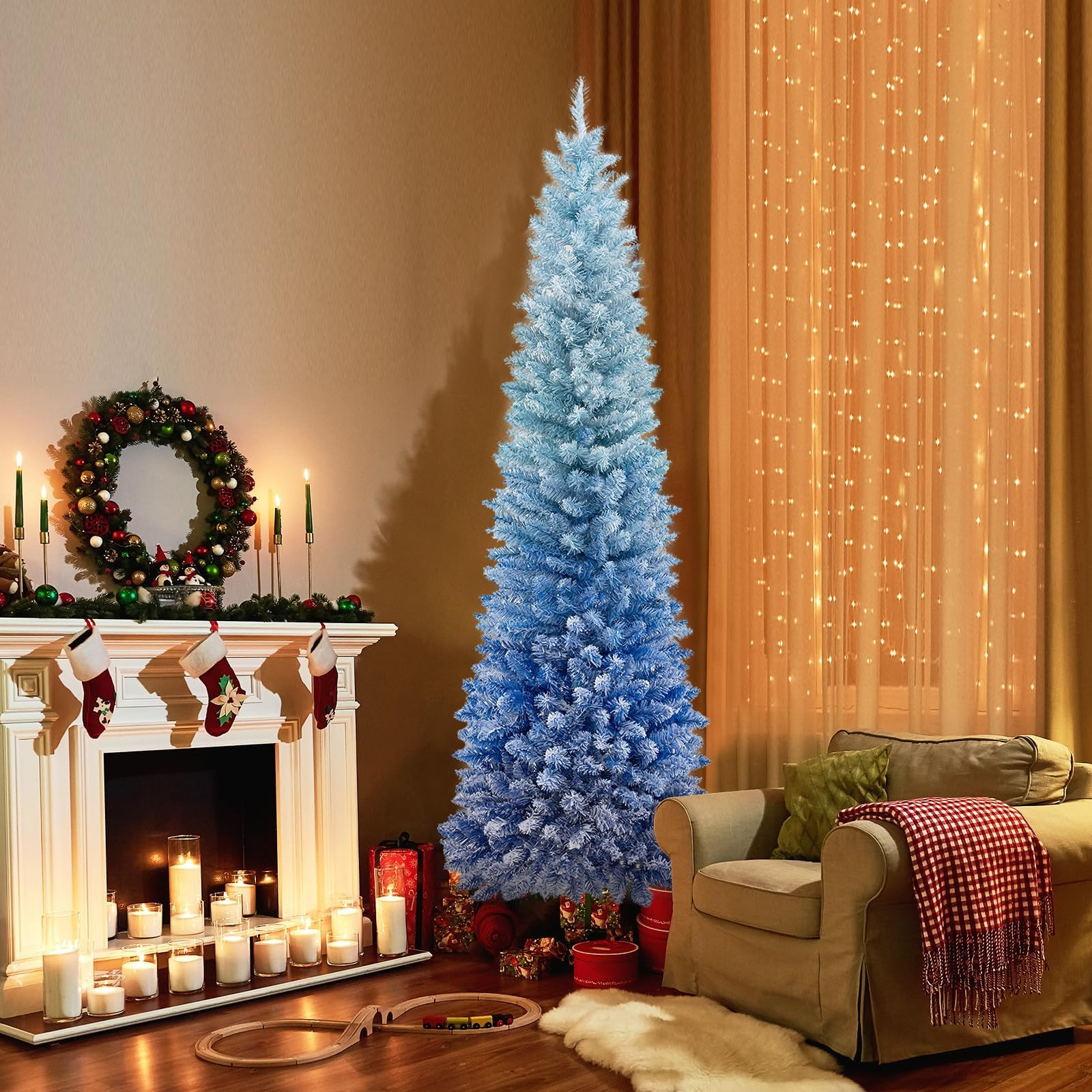 7 ft Snow Flocked Artificial Christmas Tree Pencil Slim Blue Tree w/300 Lights