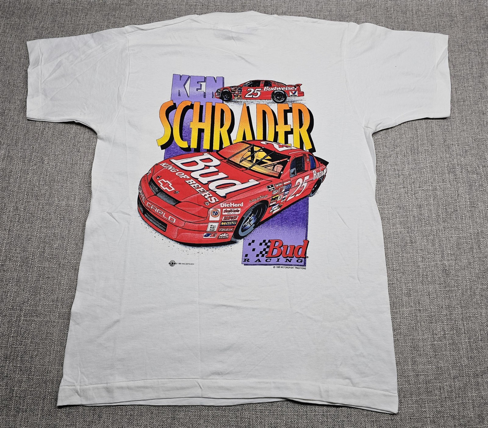 Vintage Ken Schrader Bud Racing Shirt Mens Medium White NASCAR Made USA 90s