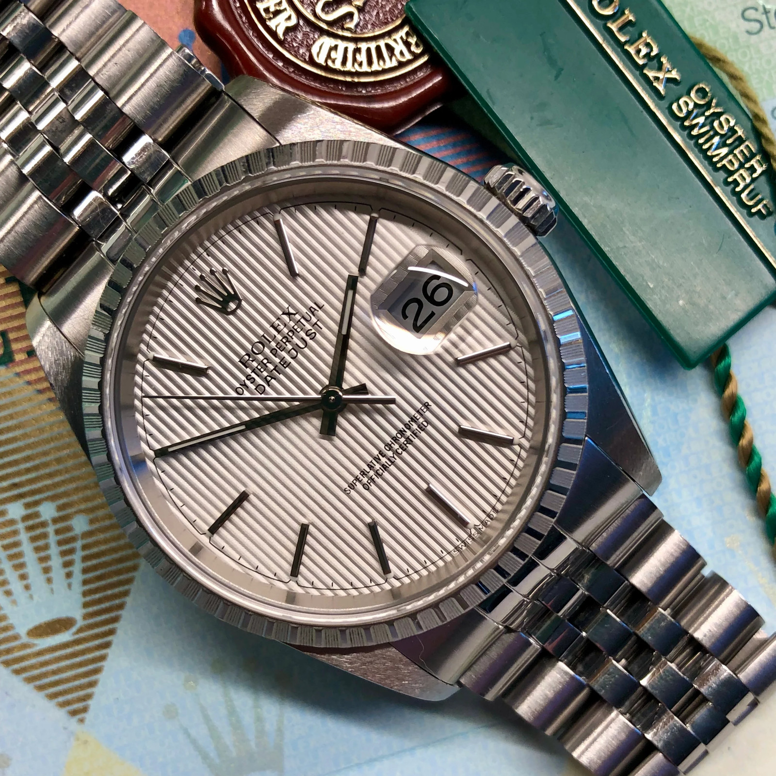 Rolex Datejust 16220 Silver Tapestry Steel Jubilee Wristwatch with Box Papers