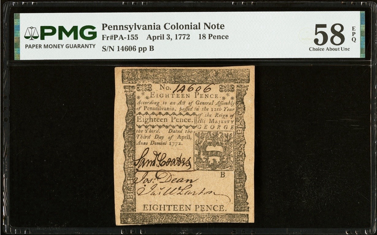 1772 PENNSYLVANIA American Revolution Colonial Currency Bank Note PA-155, PMG 58