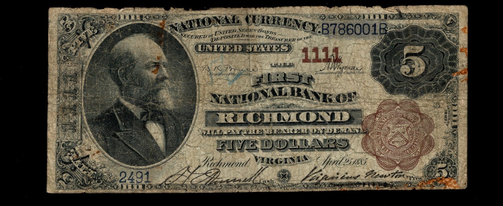 1882 Brown Back Five Dollar Charter 1111 Richmond Virginia