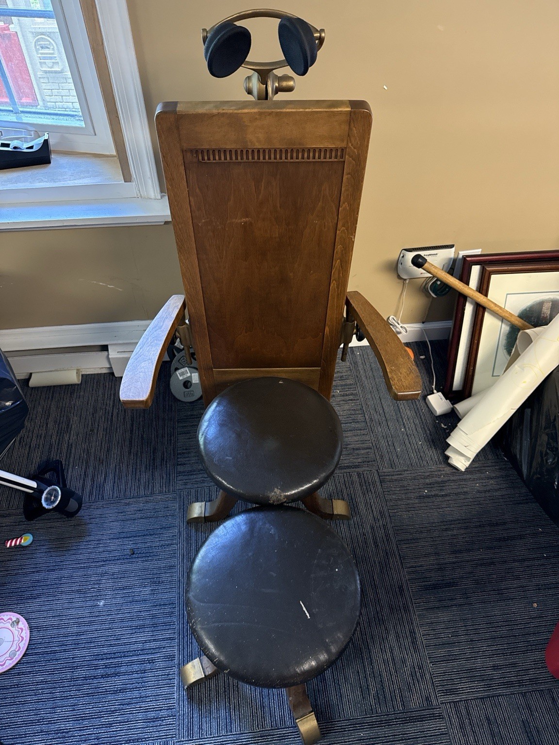 Hamilton Mfg. Co. Antique Wood/Metal Chair Leather Seat Armrests 44x25x33