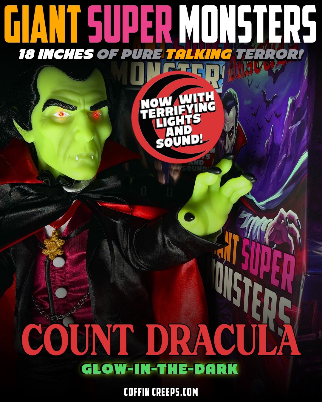 Giant Talking GLOWING Dracula Horror Coffin Creeps Doll