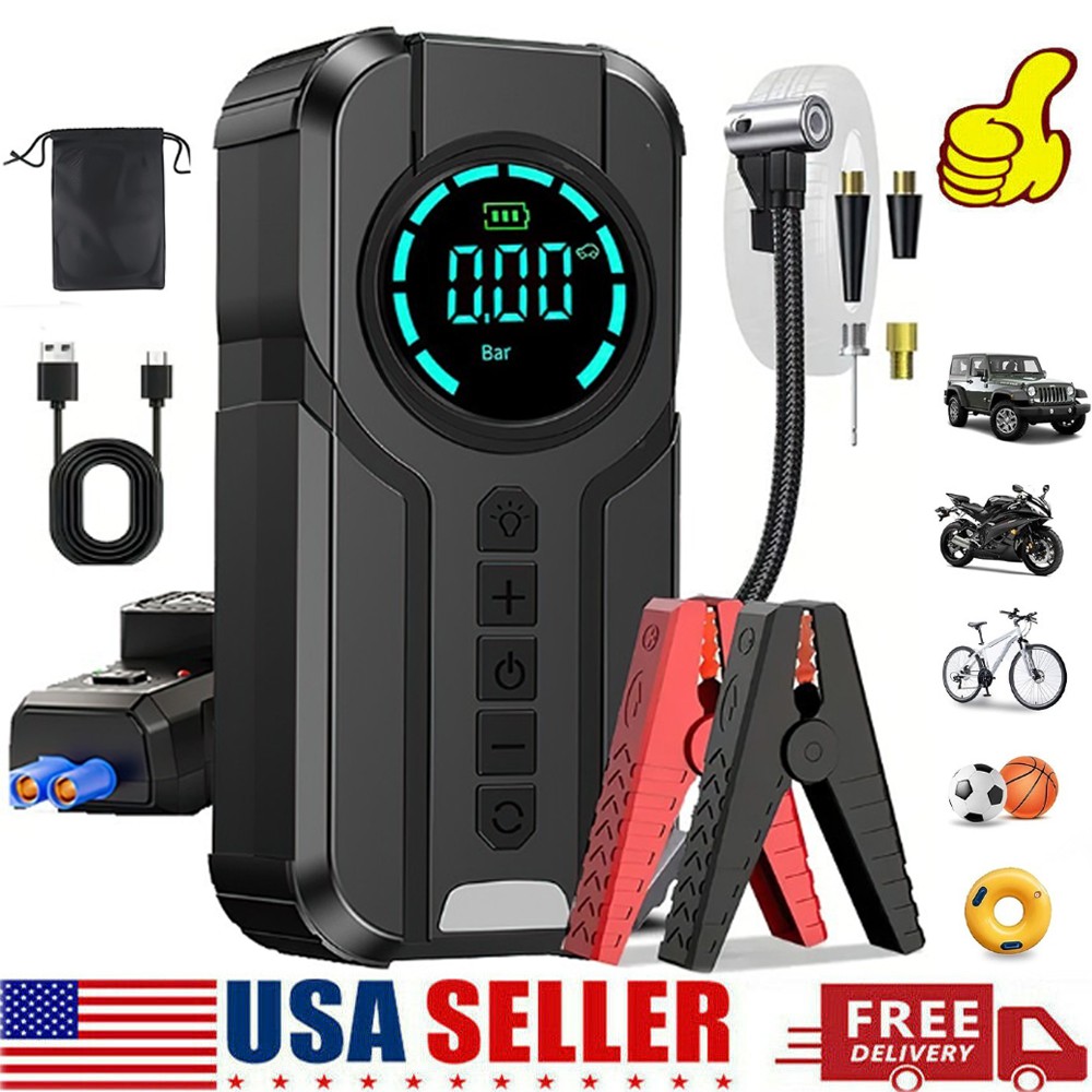 13000A Peak Car Jump Starter With Air Compressor Pack Booster Jumper Power Bank