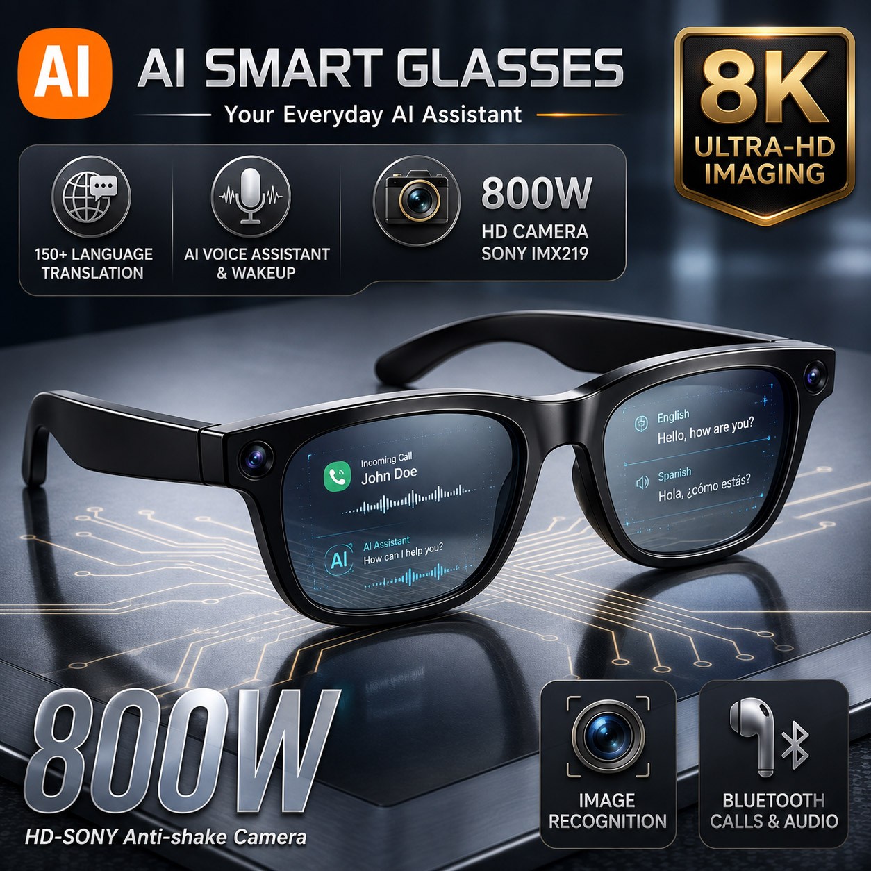 AI Smart Glasses Real-Time Translation 8MP Camera Image Recognition 4k HD Video