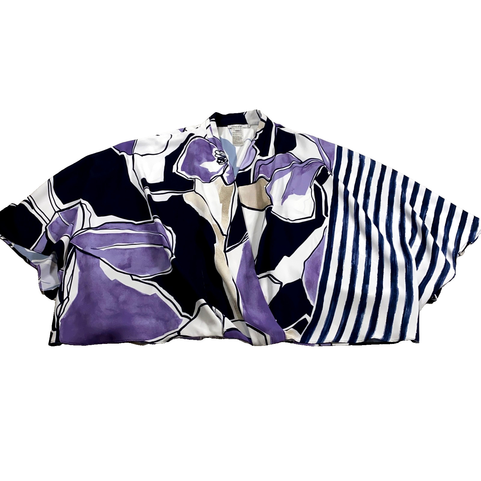 Chicos Kimono Style Blouse Sz L/XL Puple White Black V Neck NWOT