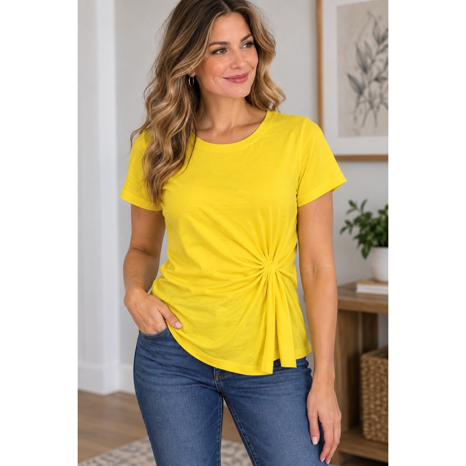 INC International Concepts Side Knot T-Shirt Womens Large Yellow Rayon Blend NWT