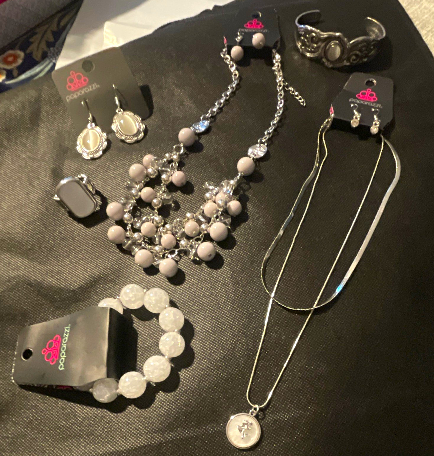 Paparazzi Silver/White Mixed Lot Necklace Bracelet Earrings Ring Set, 6 Pieces