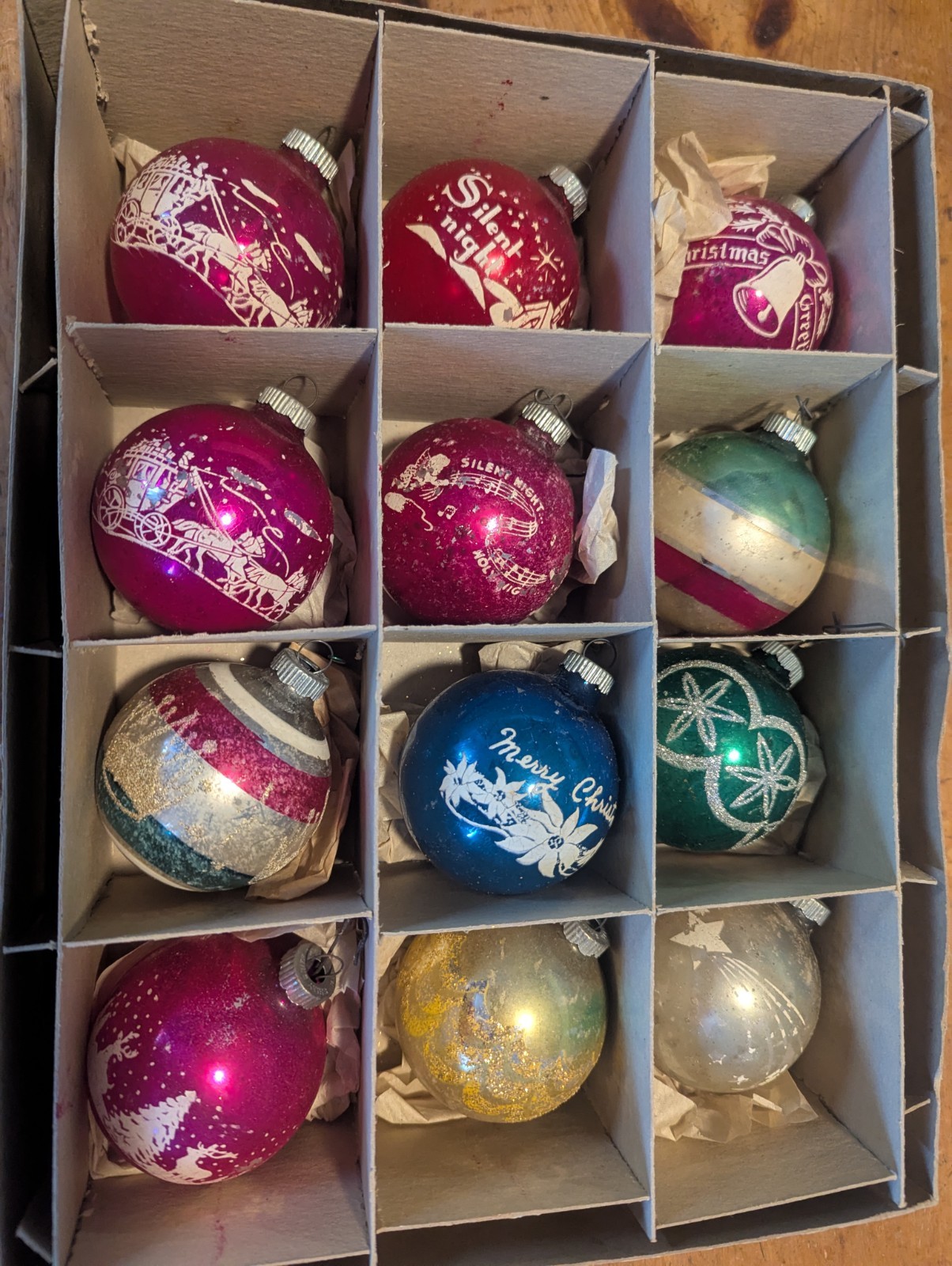 Vtg SHINY BRITE Christmas Ornaments Stenciled Box of 12 Silent Night Merry Xmas Vtg SHINY BRITE Christmas Ornaments Stenciled Box of 12 Silent Night Merry Xmas