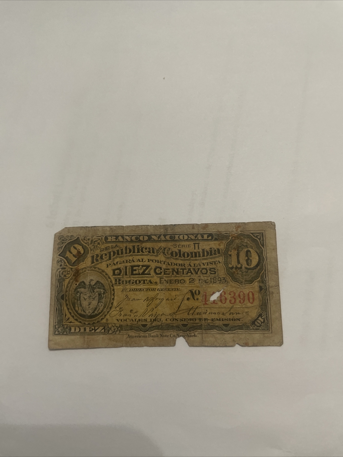 COLOMBIA 10 Centavos = 1 Real 1893 Bogota Serie A, P-221, PMG 64 UNC, 3x Consec.