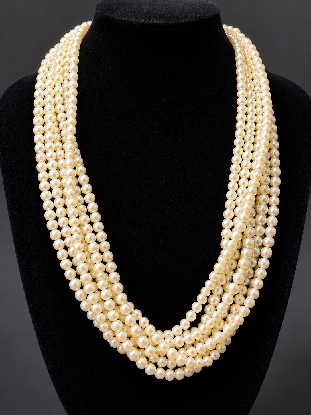 6 Strand Faux Pearl Necklace 25” Ivory 6mm Layered Statement Gold Tone