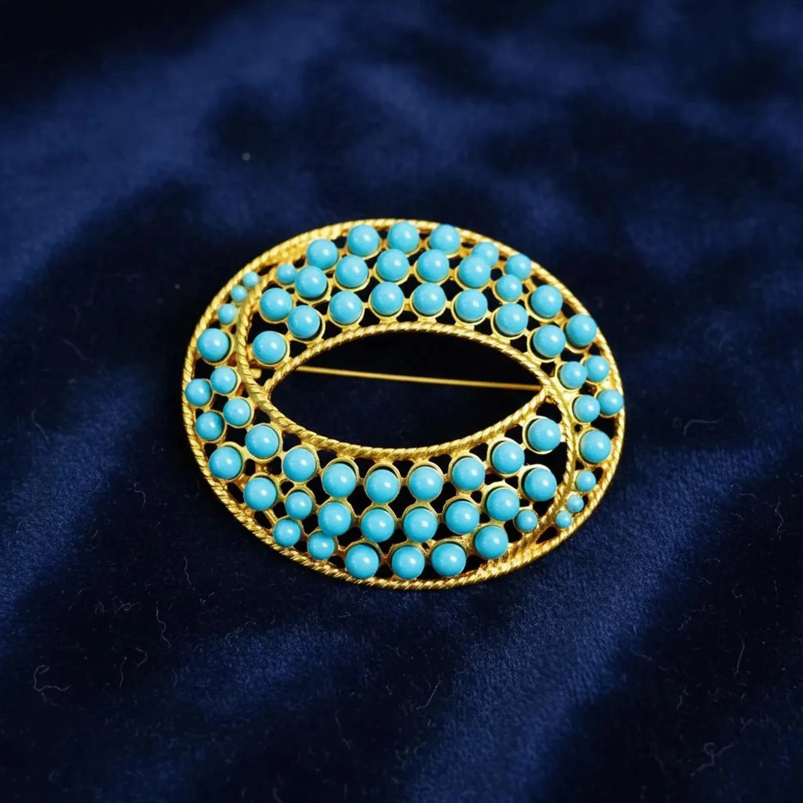 Retro & Antique Blue Turquoise 18K Yellow Gold Over Bohemian Oval Brooch Pin 1PC