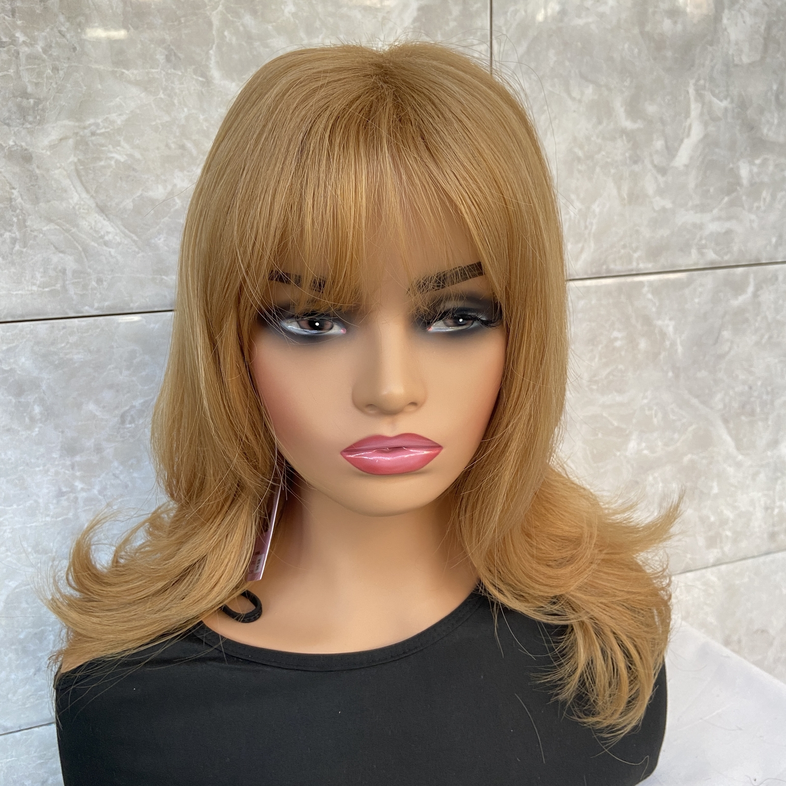 Fashiomag Shoulder Length 27D Strawberry Blonde Natural Human Hair Blend Wigs 