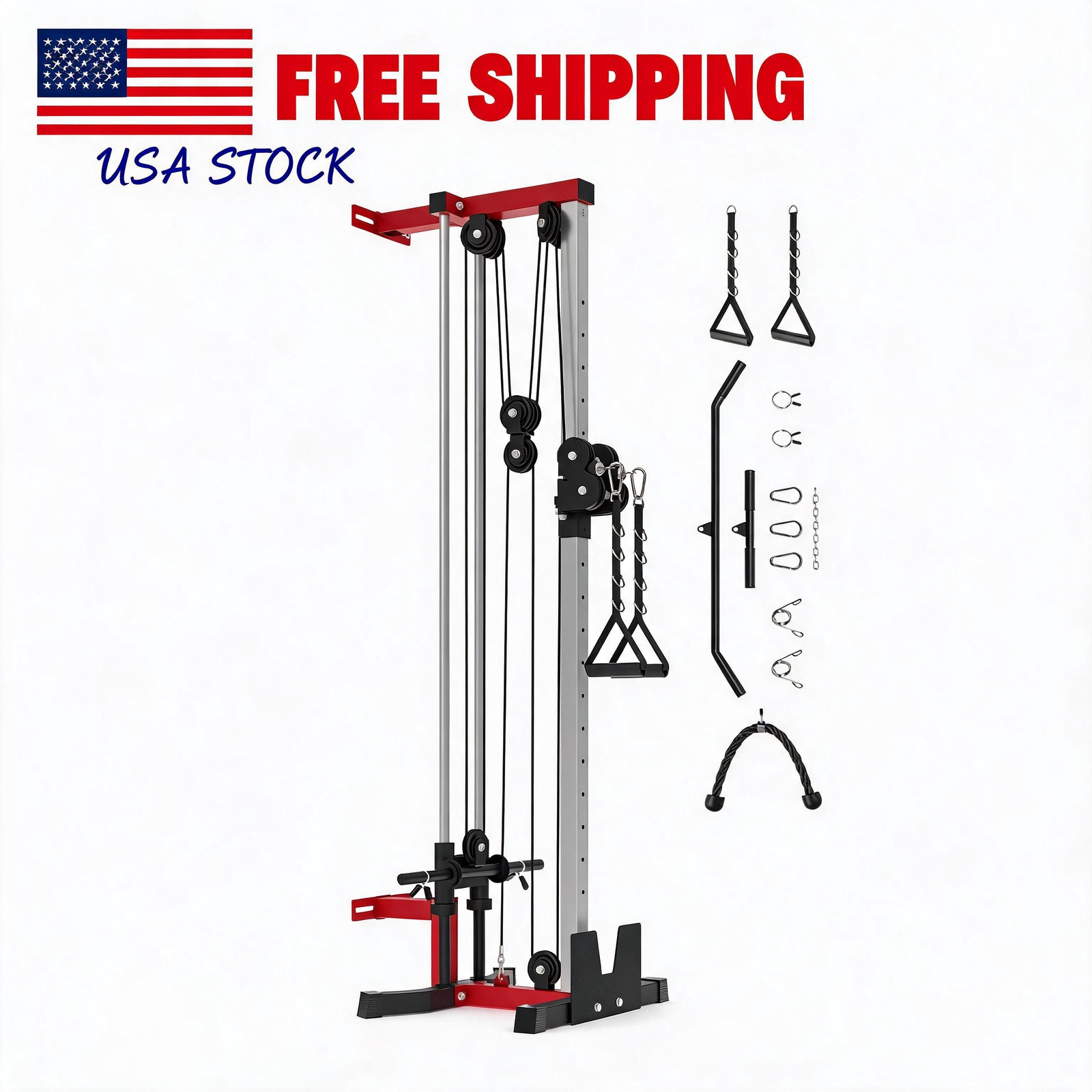 Wall Mounted Cable Machine, Dual 19 Adjustable Positions Smooth indepen Pulley,