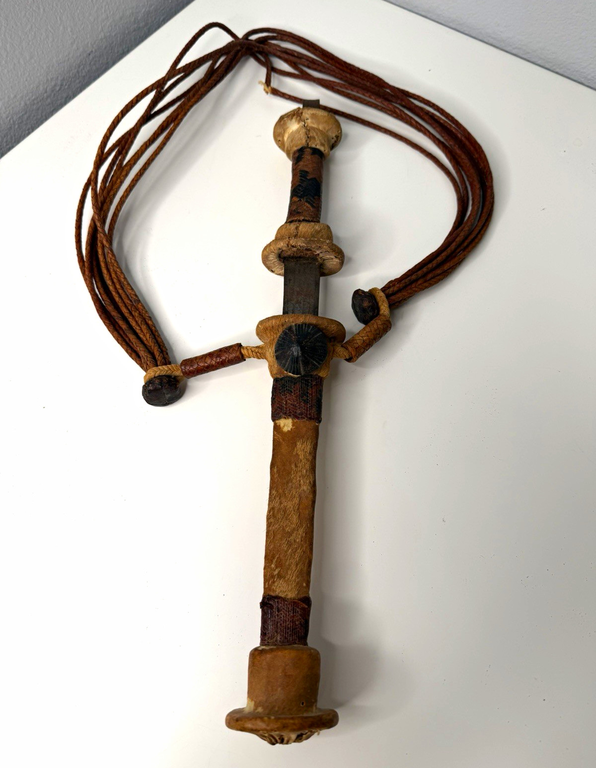 Antique African Double-Edge Steel Dagger w/ Leather Handle & Sheath, Antique African Double-Edge Steel Dagger w/ Leather Handle & Sheath,