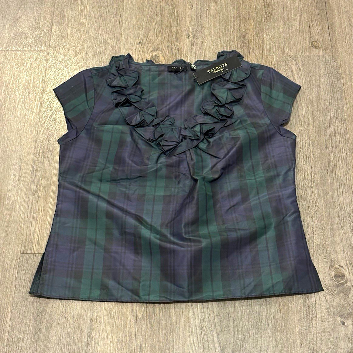 Talbots Silk Black Watch Tartan Plaid Ruffle Blouse NWT 4P Elegant Holiday 
