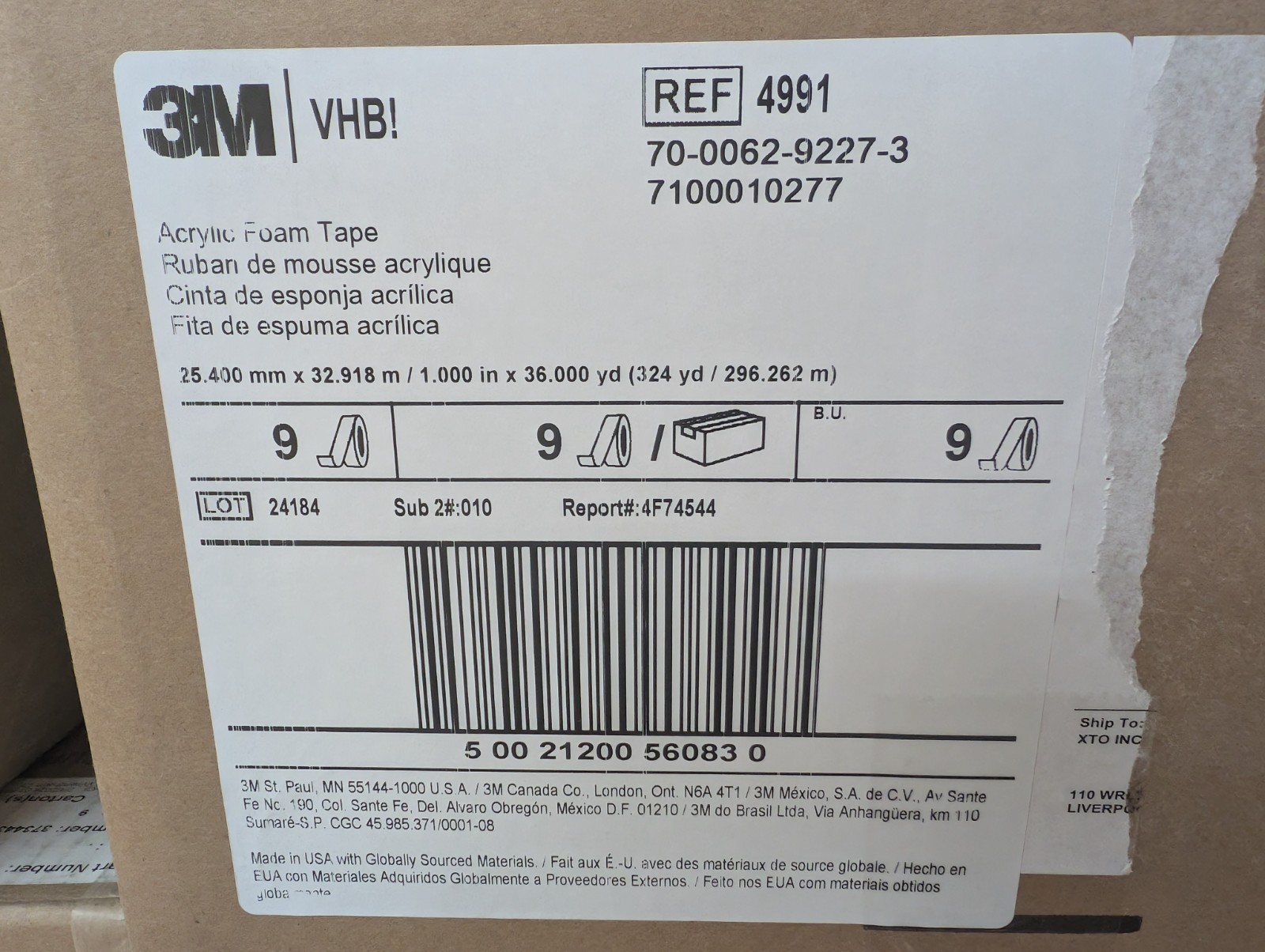 New, 3M, 4991, VHB Double-Sided Acrylic Foam Tape - 1in x 36 yd New, 3M, 4991, VHB Double-Sided Acrylic Foam Tape - 1in x 36 yd