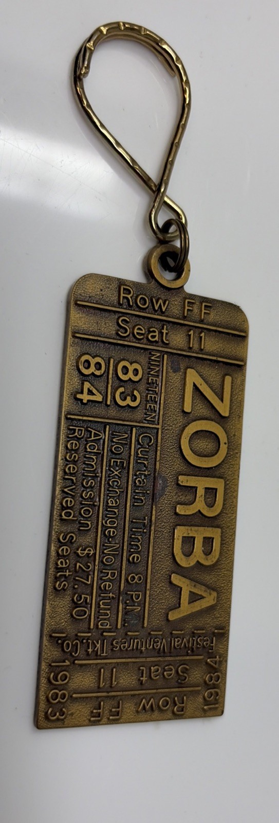 RARE VTG  BRASS ZORBA THEATRE METAL TICKET PASS 1983/84 ANTHONY QUINN