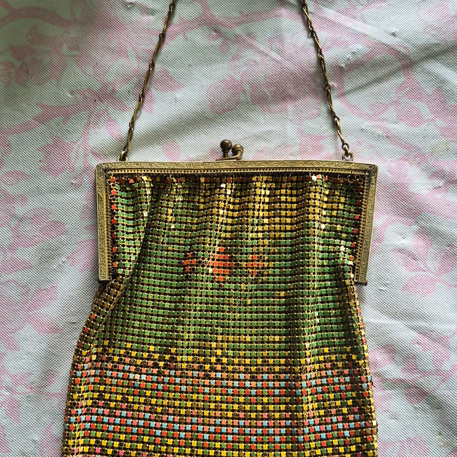 Vintage Metal Mesh Evening Bag Gold Green Pink Orange Chain Handle 1920's Vintage Metal Mesh Evening Bag Gold Green Pink Orange Chain Handle 1920's