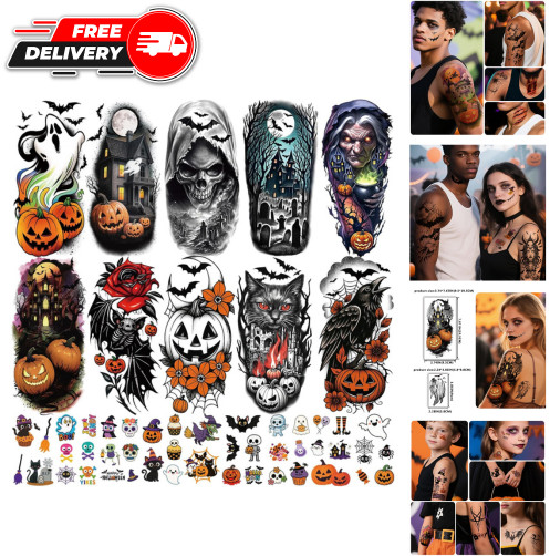 77 PCS Halloween Temporary Tattoos for Adult Kids, 17 PCS Half Sleeve Ghost Bat