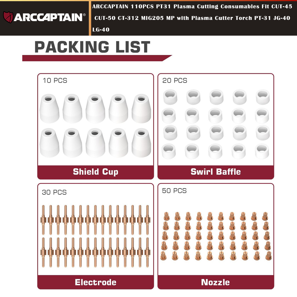 ARCCAPTAIN 110PCS PT31 Plasma Cutting Consumables Fit CUT-45 CUT-50 CT-312