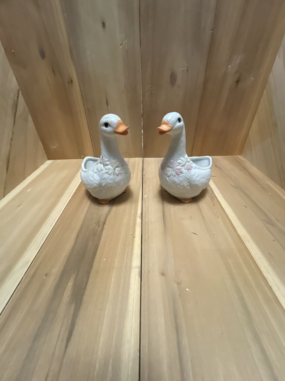 Inarco Vintage 1986 White Goose Planter Pair Floral Ceramic Duck